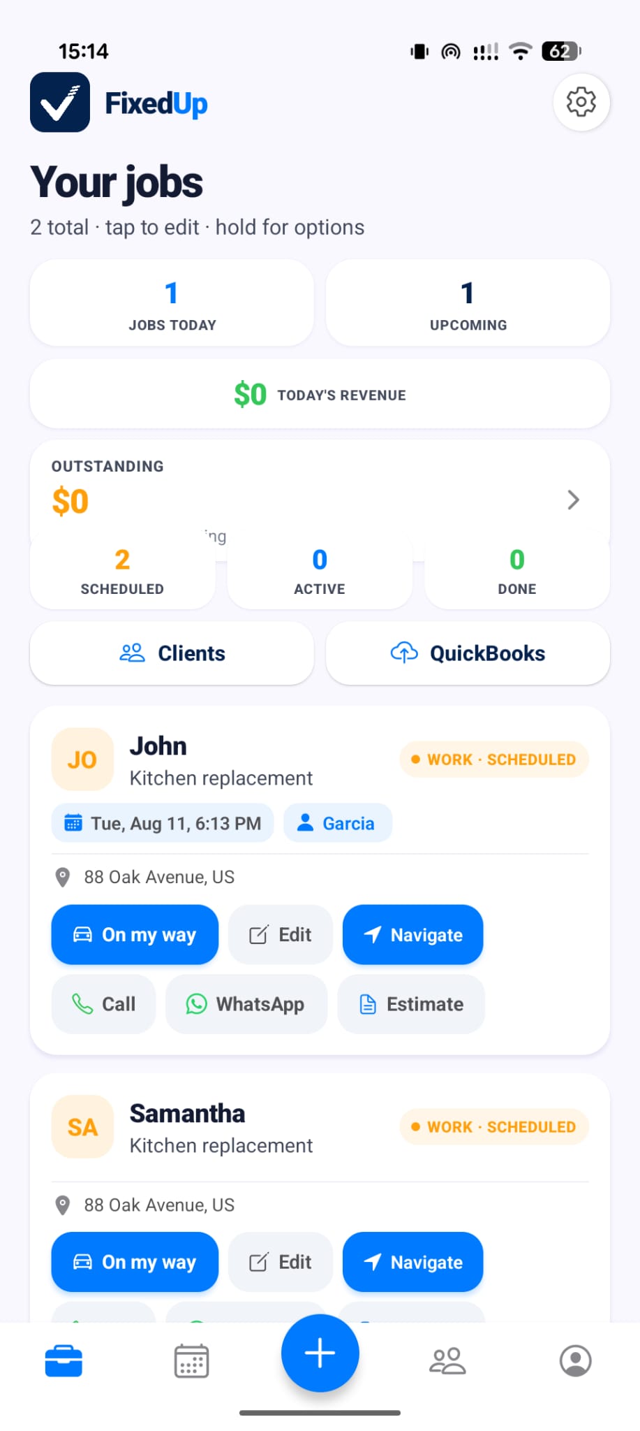 FixedUp jobs dashboard showing scheduled work, clients and quick job actions