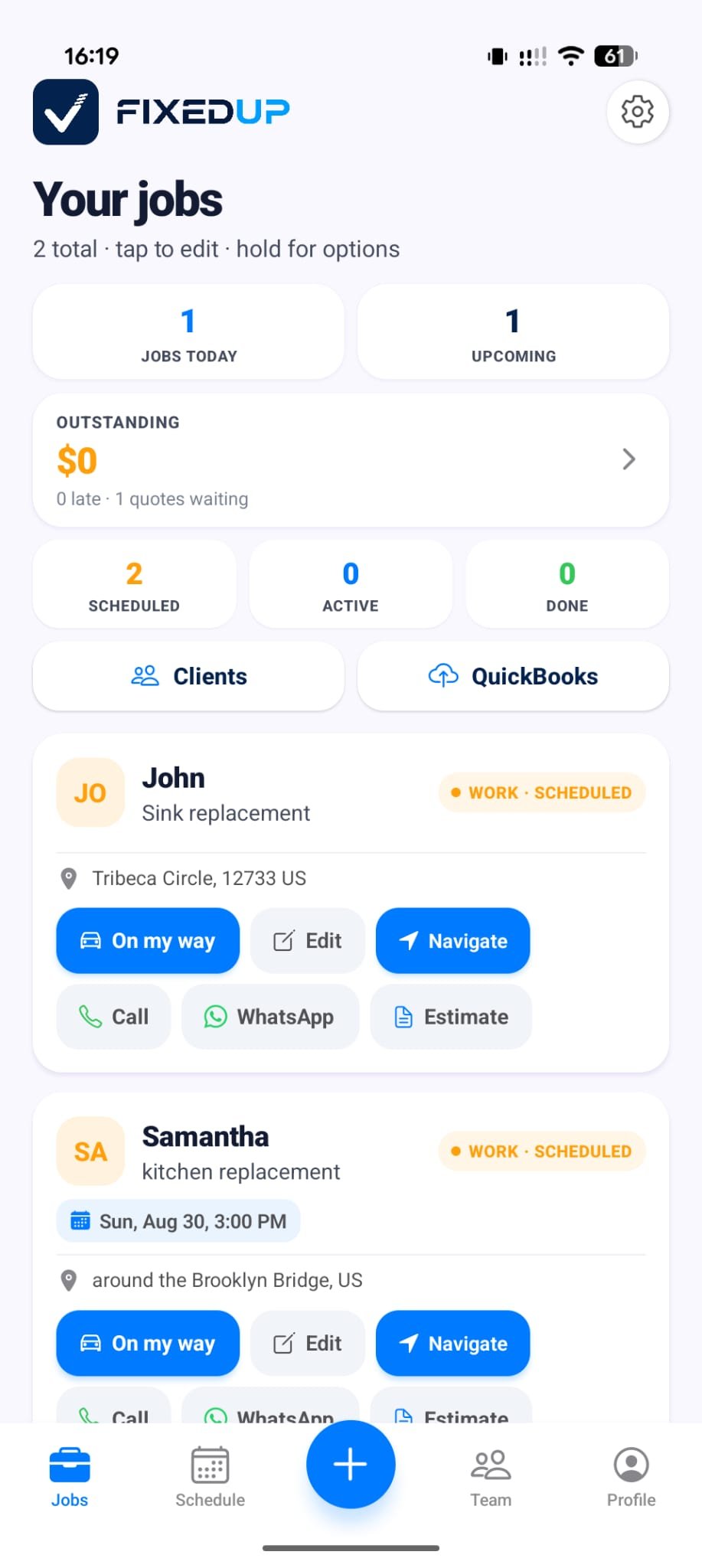FixedUp jobs dashboard showing scheduled work, clients and quick job actions