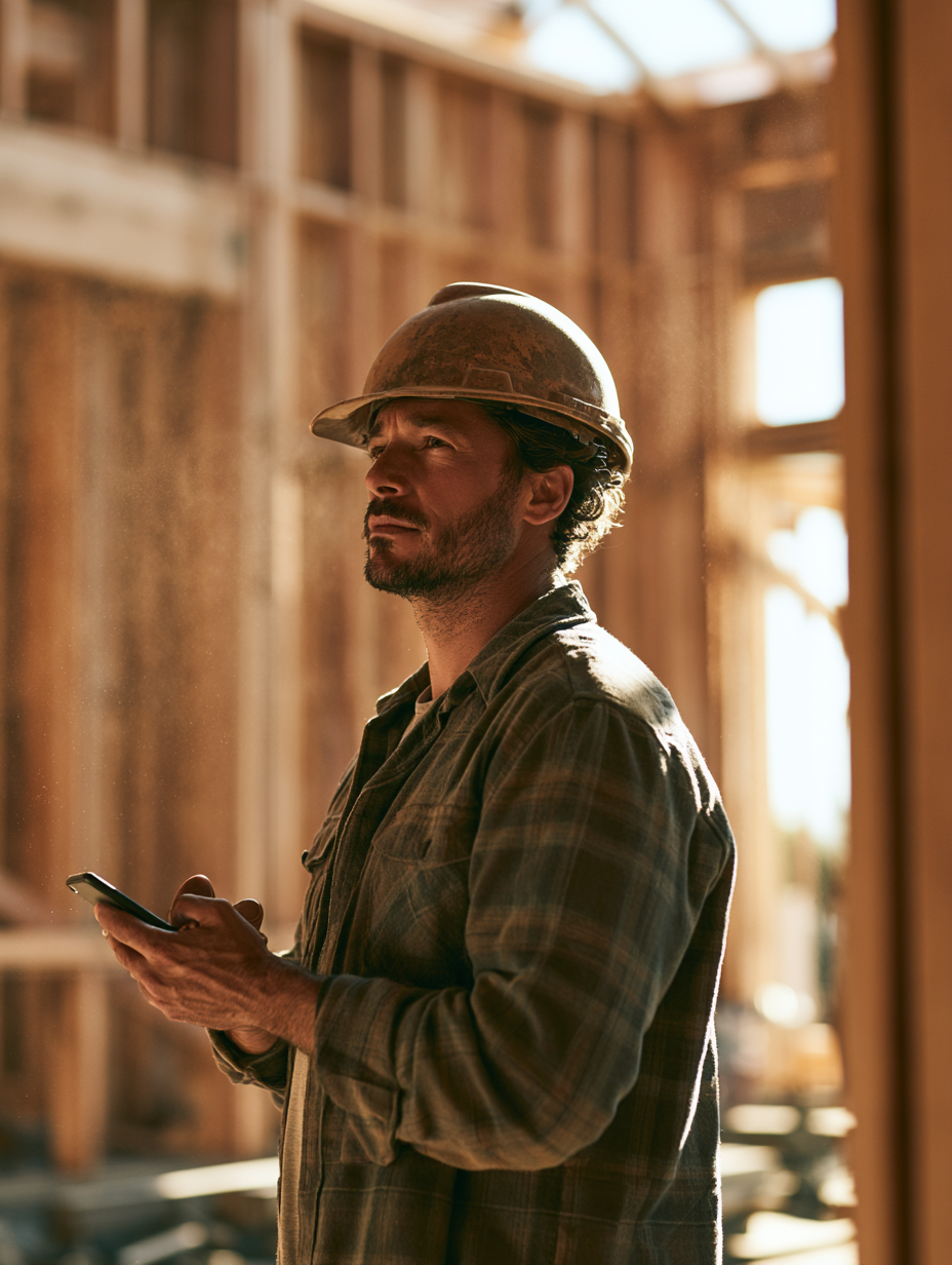 Contractor checking a phone at work